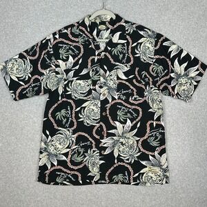 VTG 90s Tommy‎ Bahama Shirt Mens M Black Hawaiian Lotus Loop Collar Wood Buttons